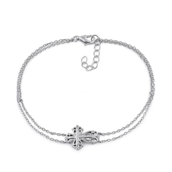Sterling Silver Vintage Floral Cross Double Chain Bracelet New - Picture 1 of 4